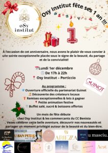 affiche des un an de l'institut Osy qui propose une soirée au centre commercial CC benista où seront présents plusieurs créateurs dont Aest pour exposer leurs pièces, ainsi que plusieurs activités (buffet, groupe de musique, lot à gagner, marché créateurs, présentation du partenariat guinot ect)