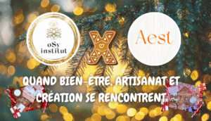 image sur fond sapin de noël avec deux logos Osy Institut et Aest, texte "quand bien être, artisanat et création se rencontrent" et présentation sur les cotés des boxs de noël