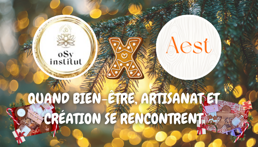 image sur fond sapin de noël avec deux logos Osy Institut et Aest, texte "quand bien être, artisanat et création se rencontrent" et présentation sur les cotés des boxs de noël