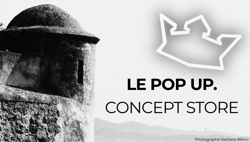 citadelle d'ajaccio en noir et balnc avec vue sur les montagnes corses, texte pop up concept store
